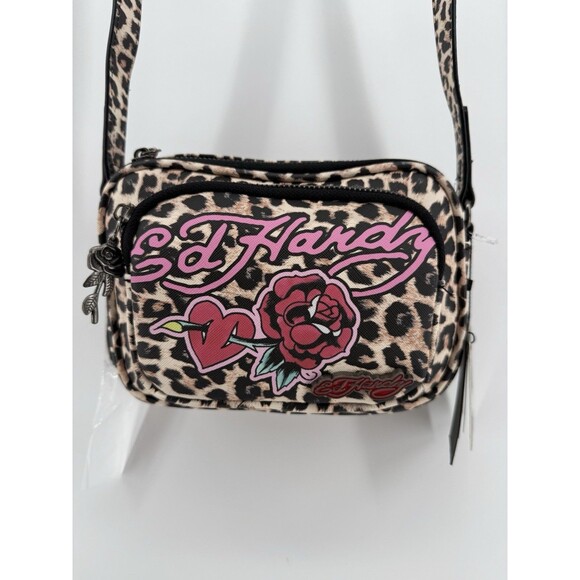 NWT Ed Hardy Heart & Rose Crossbody Bag - Cheetah Print - Picture 1 of 9